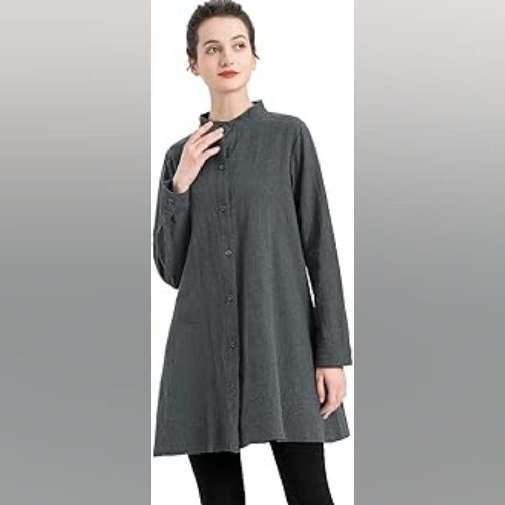 Minibee Gray Tunic Mandarin Collar Size Medium Linen Blend